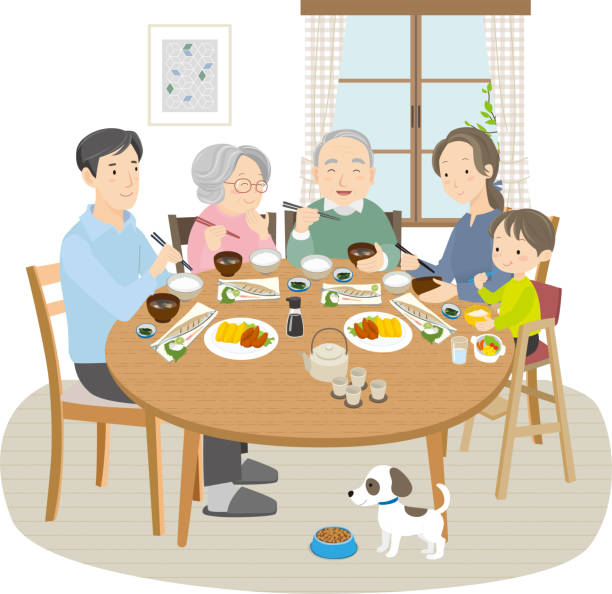 illustrazioni stock, clip art, cartoni animati e icone di tendenza di tavolo da pranzo di famiglia di 3 generazioni, 5 persone e 1 cane - child mother illustration and painting little boys