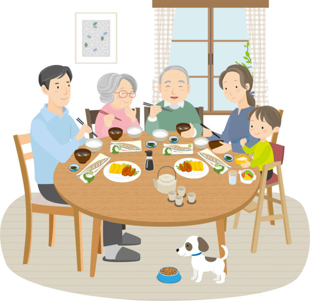 3世代家族ダイニングテーブル、5人と1匹の犬 - 食卓点のイラスト素材／クリップアート素材／マンガ素材／アイコン素材
