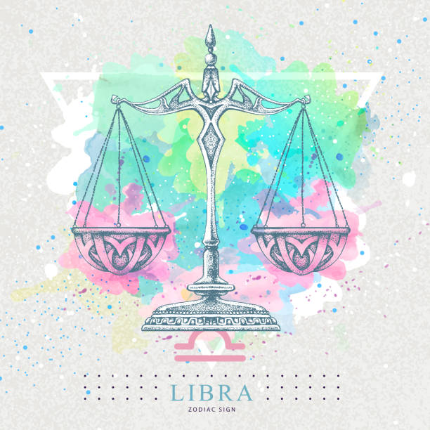 istock Modern magic witchcraft card with astrology Libra zodiac sign on artistic waterclor background. Realistic hand drawing scales illustration. 1317632083