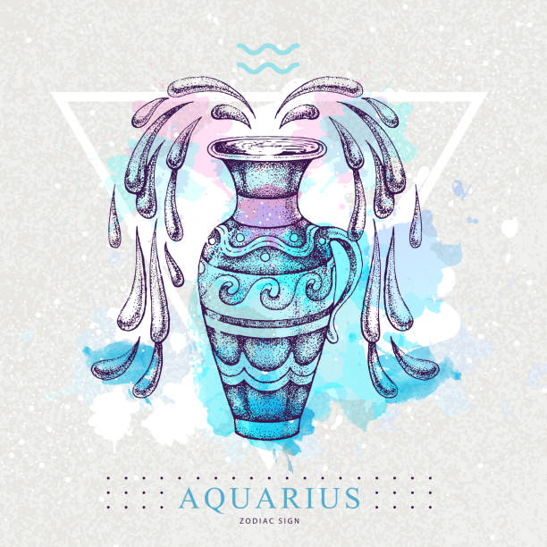 Modern magic witchcraft card with astrology Aquarius zodiac sign on artistic watercolor background. Realistic hand drawing water jug illustration. Modern magic witchcraft card with astrology Aquarius zodiac sign on artistic watercolor background. Realistic hand drawing water jug illustration. Aquarius stock illustrations