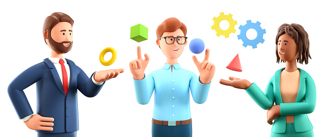3D illustration of business abstract presentation. Set of multicultural cartoon characters interacting with geometric figures. Use for business annual report, flyer, marketing, leaflet, advertising.