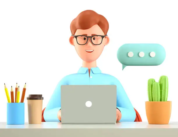 Photo of 3D illustration of smiling man using laptop and working at the desk in office with coffee cup, cactus. Cartoon businessman character or freelancer chatting on the computer with speech bubble.