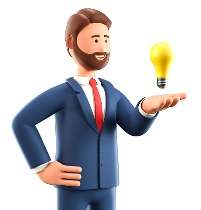 3D illustration of smiling creative man looking at the bulb over hand. Cute cartoon businessman generating ideas, solving tasks and reaching goals. Business solutions, success and strategy.