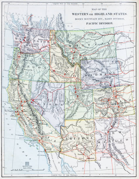 ilustraciones, imágenes clip art, dibujos animados e iconos de stock de mapa antiguo: ee.uu. - estados occidentales o de las tierras altas - montana map usa old