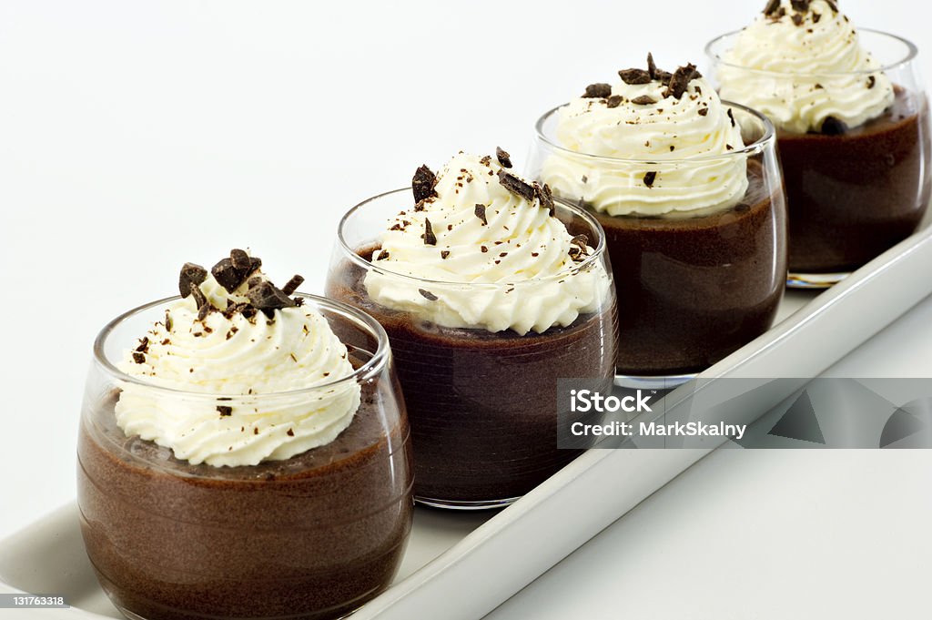 Chocolate Mousse Dessert Chocolate Mousse for four topped with whipped cream and dark chocolate shavings. Chocolate Mousse Stock Photo
