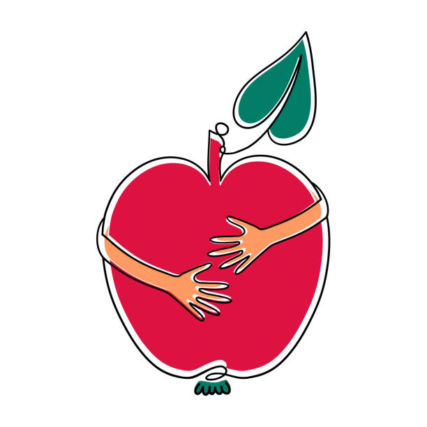 ilustrações de stock, clip art, desenhos animados e ícones de human hands embrace an apple greengrocers sign slow food concept - web page illustrations