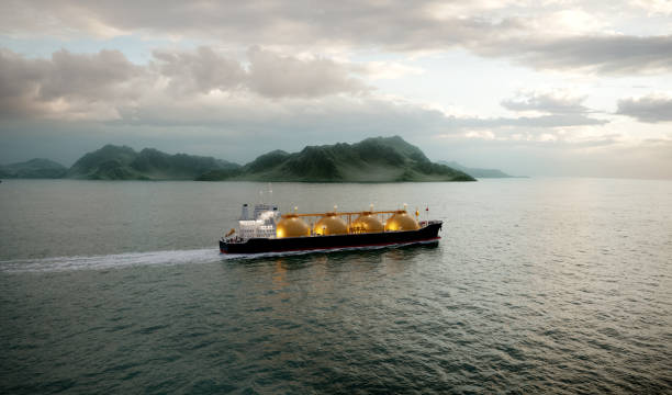 3D rendering gas tanker sailing in ocean 3D rendering gas tanker sailing in ocean during evening. Computer generated image of LNG gas tanker in the sea with mountains in the background. lng liquid natural gas stock pictures, royalty-free photos & images