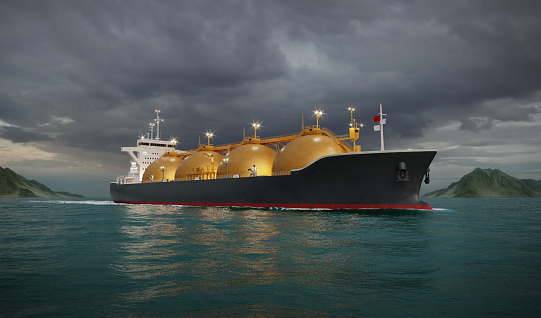 3D rendering of LNG tanker ship sailing in ocean during night. Computer generated image of a gas tanker in the sea.