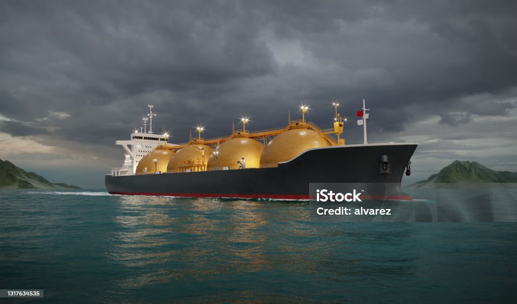 Liquefied natural gas tanker ship in sea 3D rendering of LNG tanker ship sailing in ocean during night. Computer generated image of a gas tanker in the sea. Liquefied Natural Gas Stock Photo