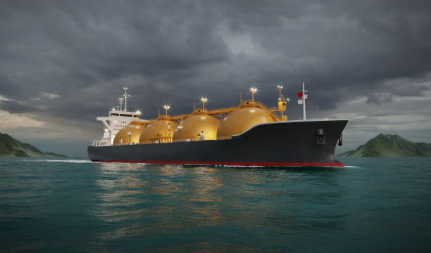Liquefied natural gas tanker ship in sea 3D rendering of LNG tanker ship sailing in ocean during night. Computer generated image of a gas tanker in the sea. industrial ship stock pictures, royalty-free photos & images