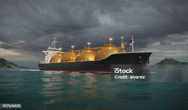 Liquefied Natural Gas Tanker Ship In Sea Stock Photo - Download Image Now - Liquefied Natural Gas, Natural Gas, Ship