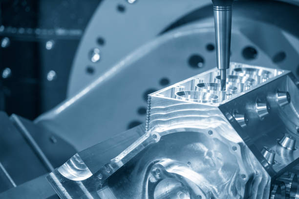 The  5-axis machining center cutting the v8-engine cylinder block.