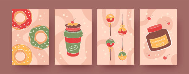 ilustraciones, imágenes clip art, dibujos animados e iconos de stock de conjunto de carteles contemporáneos con comida dulce y bebida - chocolate cocoa hot chocolate backgrounds