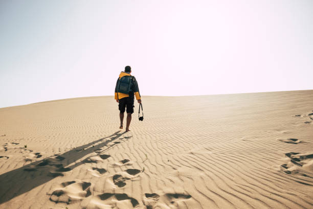 istock Man walking alone on desert sand dunes - explore and adventure outdoor leisure activity - camera and backpack equipment to enjoy exploration and wild landscape arid place 1317642075