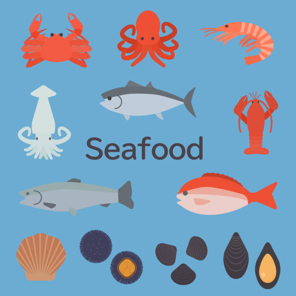 ilustrações de stock, clip art, desenhos animados e ícones de clip art of simple and cute seafood - fish seafood lobster salmon