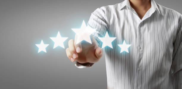 istock Hand of touching rise on increasing five stars. Increase rating evaluation 1317647337