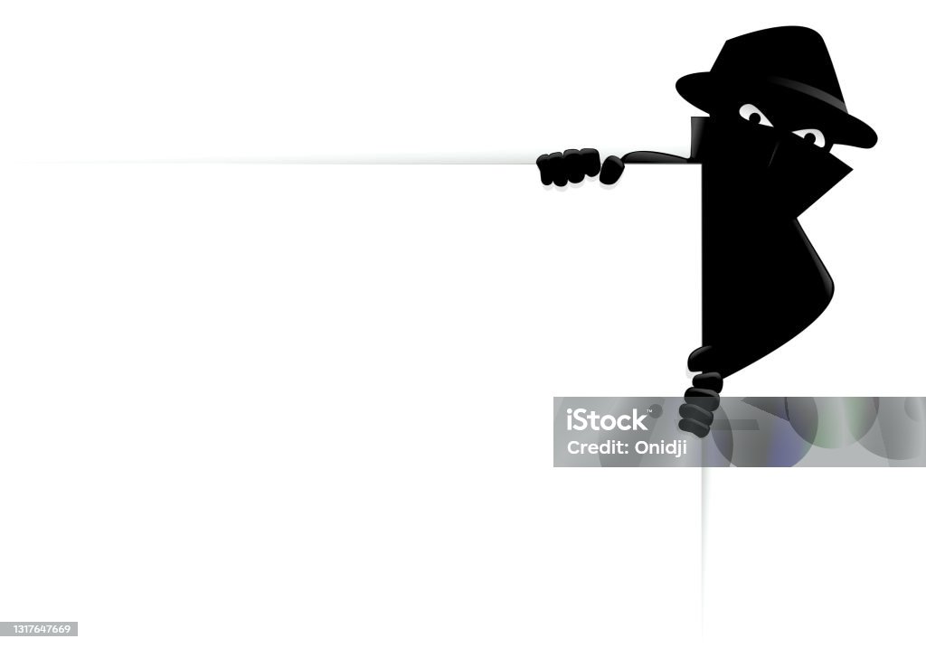 A criminal on the lookout A criminal is hidden behind the top right corner of a blank sign on a white background Thief stock vector
