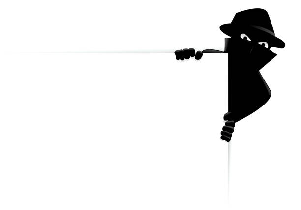 A criminal on the lookout A criminal is hidden behind the top right corner of a blank sign on a white background burglar stock illustrations