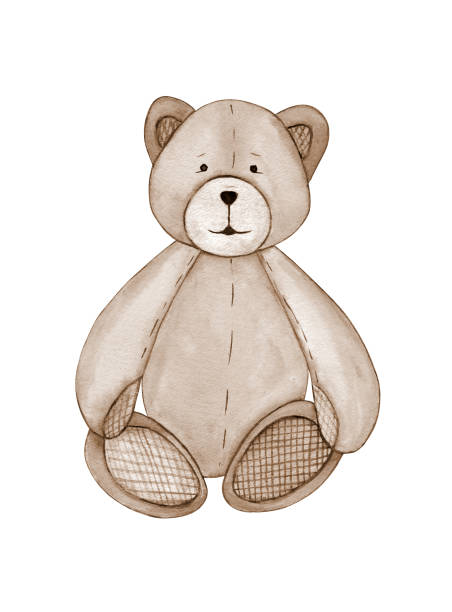 cute wypchany niedźwiedź malowane w akwareli na białym tle izolowane. ciepły brąz stonowanych obraz. - bear teddy bear characters hand drawn stock illustrations