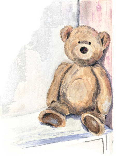 ilustrações de stock, clip art, desenhos animados e ícones de cute stuffed bear sitting on a dresser painted in watercolor on white isolated background. light pastel color range. - fluffy bear cute friendship