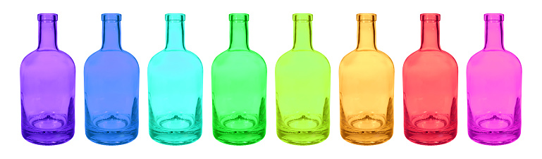 Home decor and accents. Vibrant, multicolored glass bottles set. Home decorative accessories. Isolated interior colorful objects over white. 3d rendering