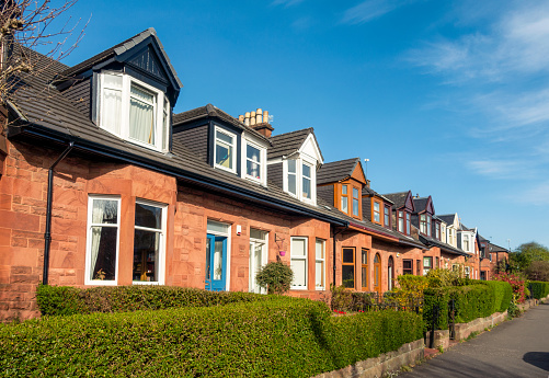 A view of stone-built terraced houses in Cathcart, Glasgow.