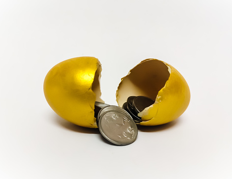Closeup of Broken Golden egg with indian currency bills and coins. Isolated in a white background with a selective focus on egg and copy space for inscription Symbolizing the concept of Finance. investment. Savings. retirement. banking. Mutual fund