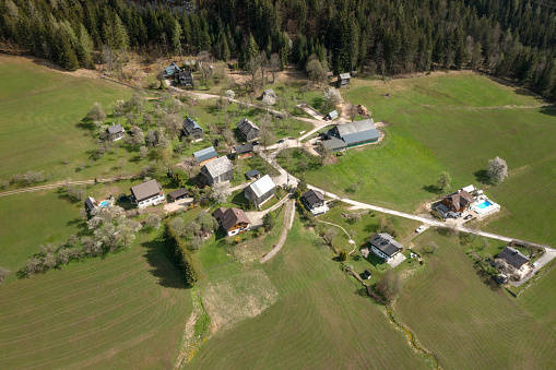 Mountain Village with Farm, Grundlsee, Austrian Alps Panorama, Salzkammergut, Ausseerland, Austria. Converted from RAW.