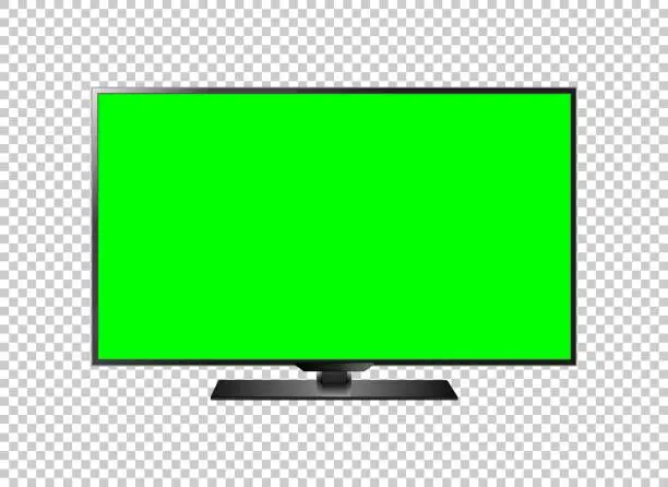 Vector illustration of Realistic TV LCD screen mockup. Panel with green screen isolated on transparent background. Vector illustration