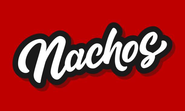 Vector illustration of Nachos logo with hand sketched lettering isolated on red background. Design concept, template, element Vector illustration of Nachos logo with hand sketched lettering isolated on red background. Design concept, template, element nacho chip stock illustrations