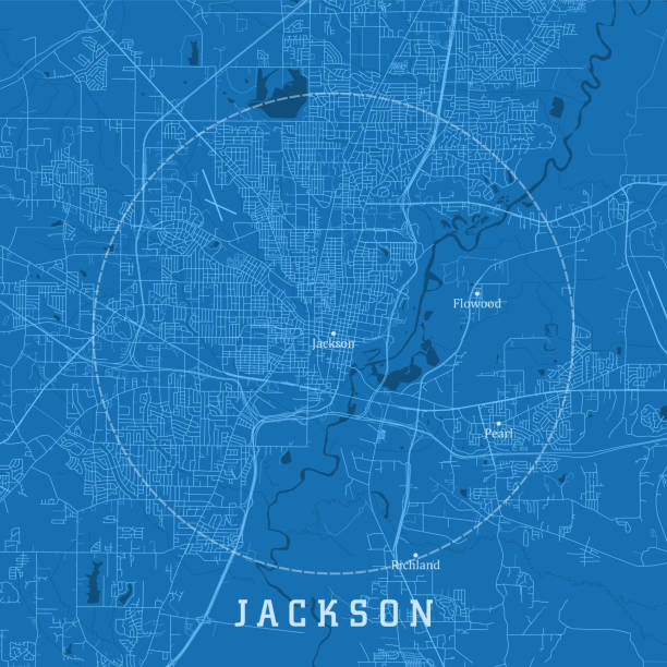 ilustraciones, imágenes clip art, dibujos animados e iconos de stock de jackson ms city vector road map texto azul - mississippi