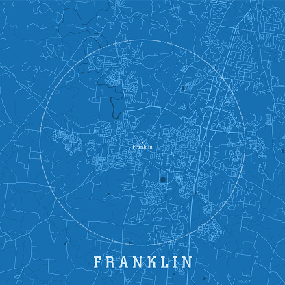 Franklin TN City Vector Road Map Blue Text. All source data is in the public domain. U.S. Census Bureau Census Tiger. Used Layers: areawater, linearwater, roads.
