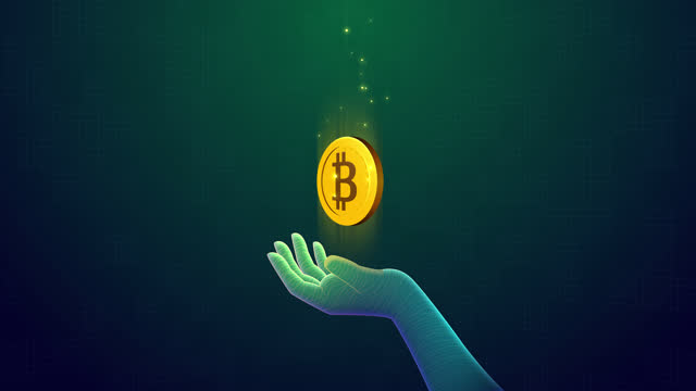 Golden bitcoin cryptocurrency coin in hand. Futuristic loop animation. digital currency mining. Crypto, money, finance, nft, blockchain technology concept. Hologram of a Bitcoin hi-tech style video