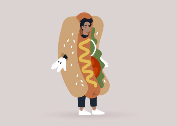 ein junger männlicher charakter trägt ein riesiges hot dog kostüm, ein fast-food-restaurant promo, marketing - wearing hot dog costume stock-grafiken, -clipart, -cartoons und -symbole