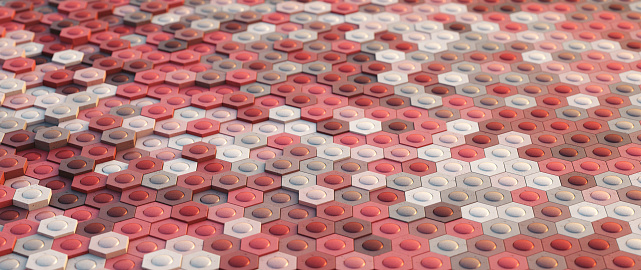 Artificial red and white grid structure made out of hexagon shapes - low angle view