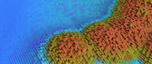 istock Artificial abstract relief map in hexagon shapes with sea and islands - wide horizontal composition 1317660926