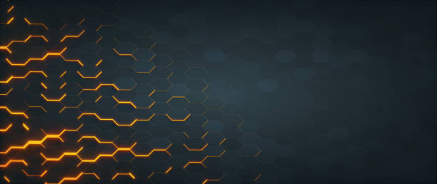 Subtle glowing hexagonal background design in carbon fiber with glowing side and textured surface - wide horizontal composition