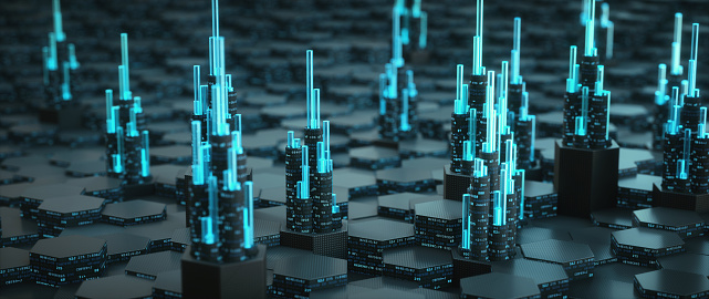 Abstract technology concept surface with hexagon block shapes, glowing wire connectors and computer code - wide horizontal composition