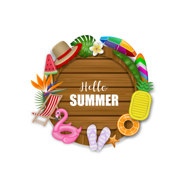 illustrazioni stock, clip art, cartoni animati e icone di tendenza di ciao tavola estiva in legno con estate - jelly shoe