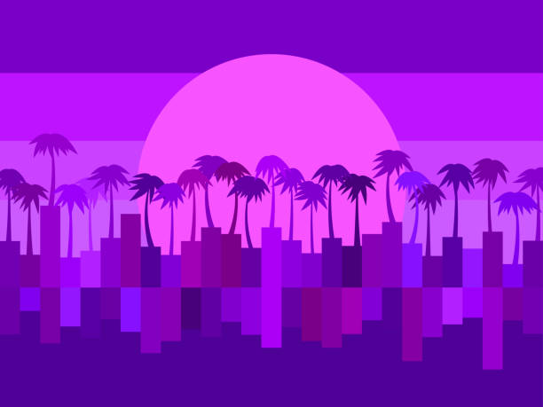 istock Palm tree, virtual reality landscape. Retro futuristic 80s background with palm trees and sun. Cyberpunk style. Vector illustration 1317663111