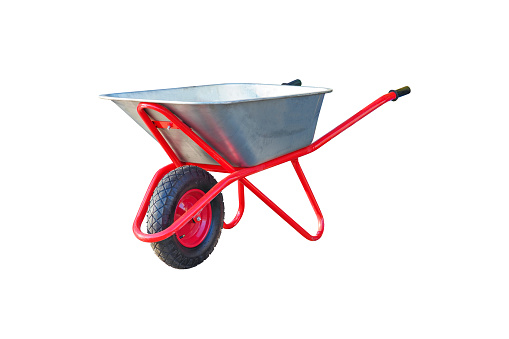 Garden wheelbarrow isolated on white background. Garden metal wheelbarrow cart