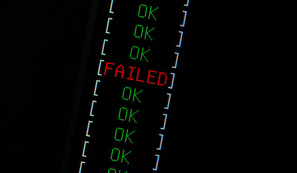 Computer failure simple abstract concept. One red FAIL indicator among many green OK passed checks. FAILED text on lcd display macro, closeup. Computation error, single chain link fails, emergency Computer failure simple abstract concept. One red FAIL indicator among many green OK passed checks. FAILED text on lcd display macro, closeup. Computation error, single chain link fails, emergency inconvenience photos stock pictures, royalty-free photos & images