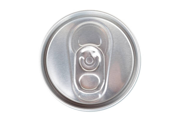 istock Silver metal soft drink can top view, object isolated on white, cut out. 250 ml tin can round top part closeup, energy drink or soda can container view from above, studio shot macro, white background 1317665168