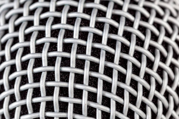 Macro closeup of large diaphragm condenser microphone grill with copper colored round capsule visible within