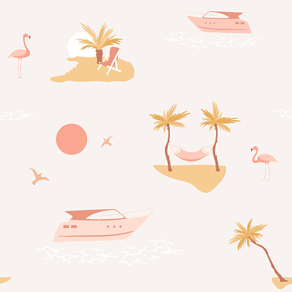 Yacht is sailing on the sea. Gulls on the background of the sunset, flamingos in the water. Warm landscape with beach.