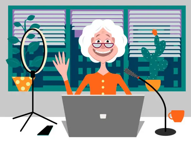 Vector illustration of elderly smiling retired woman with gray hair sits in front of a laptop