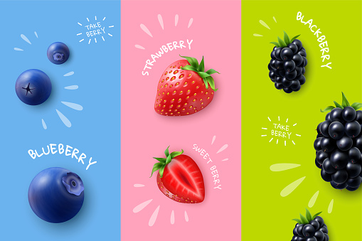 Vertical berries banners set with blackberry strawberry and blackberry on colorful background isolated vector illustration