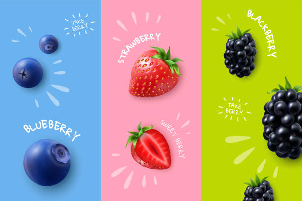 Realistic Berries Banners Set Vertical berries banners set with blackberry strawberry and blackberry on colorful background isolated vector illustration strawberry stock illustrations