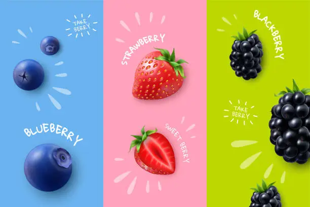 Vector illustration of Realistic Berries Banners Set