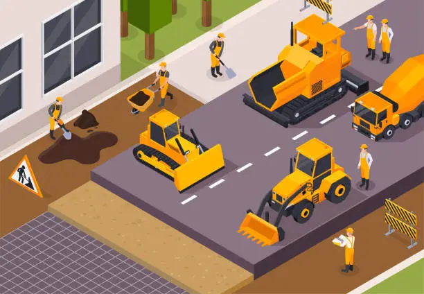 Vector illustration of Isometric Road Construction Concept